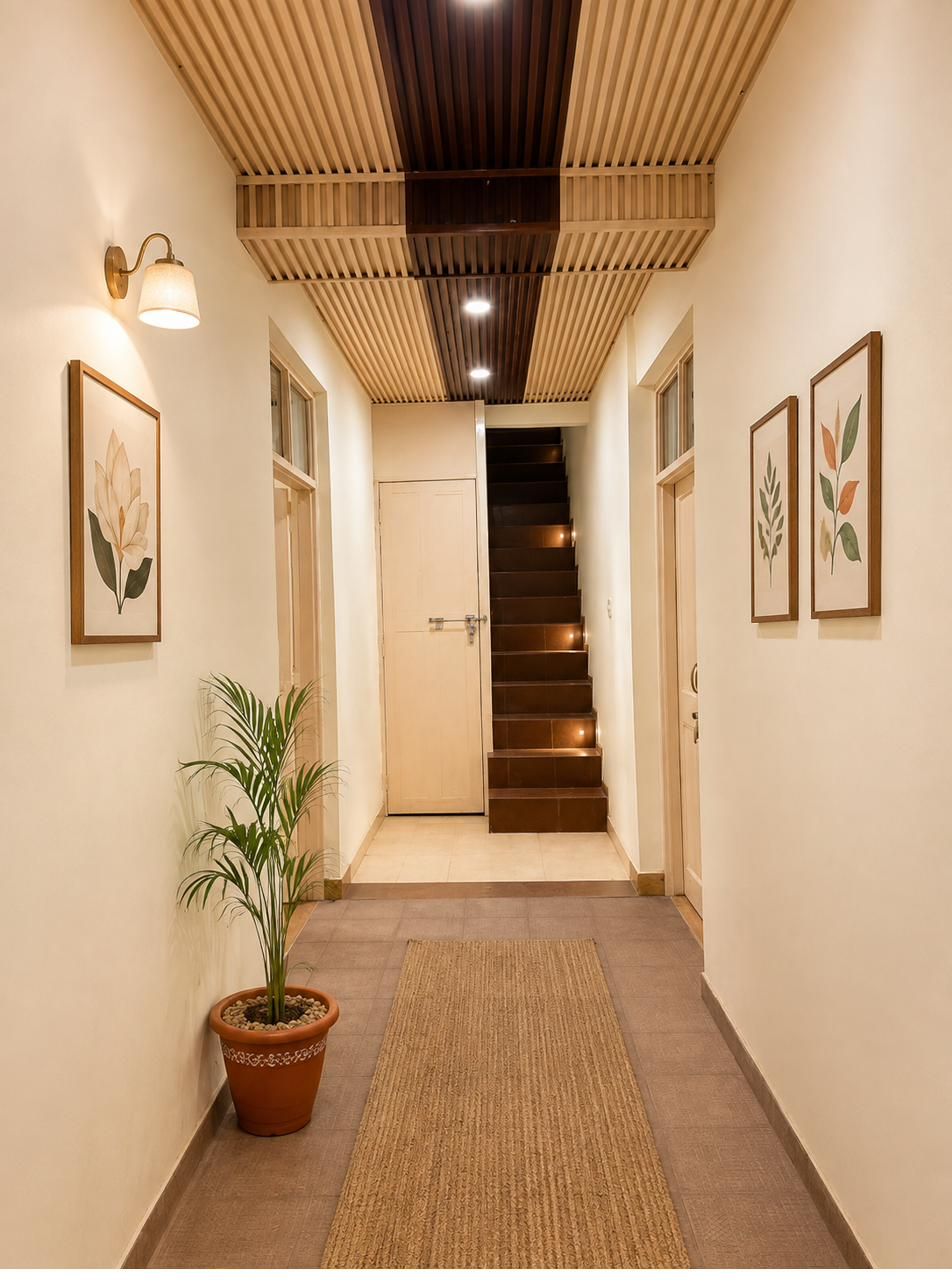 The hallway with magnolia prints and stairs