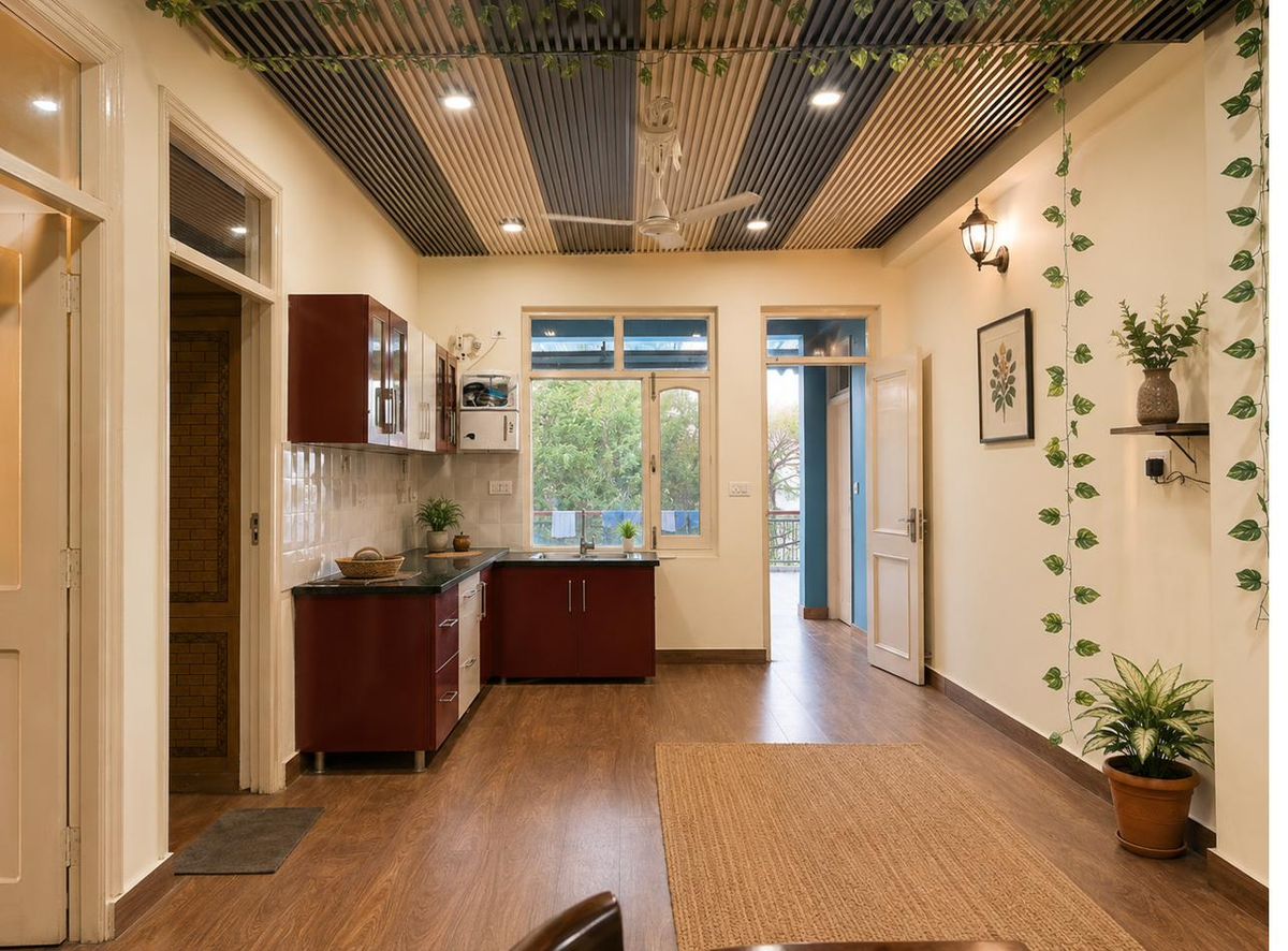 The café kitchen with trailing greenery
