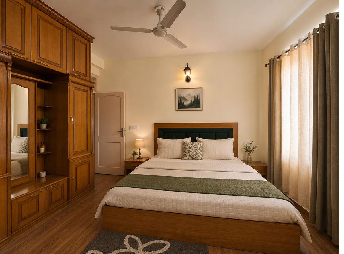 Deluxe 2BHK bedroom in warm wood and forest green