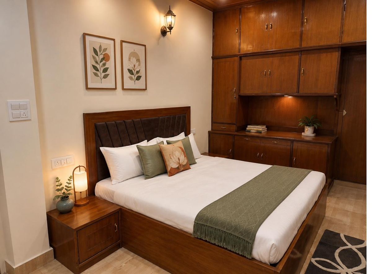 Traditional bedroom with warm wood furnishings in the 3BHK
