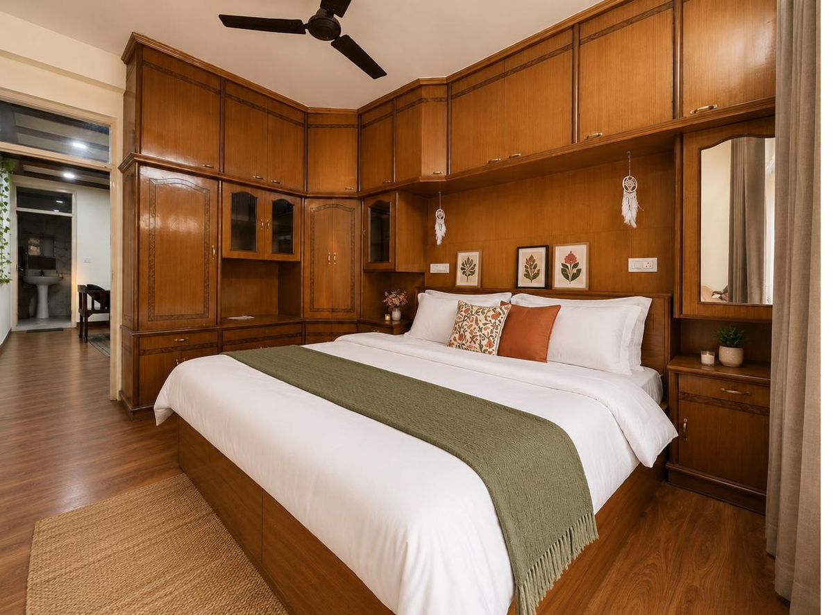 Warm wood-panelled bedroom on the Chandigarh-facing side