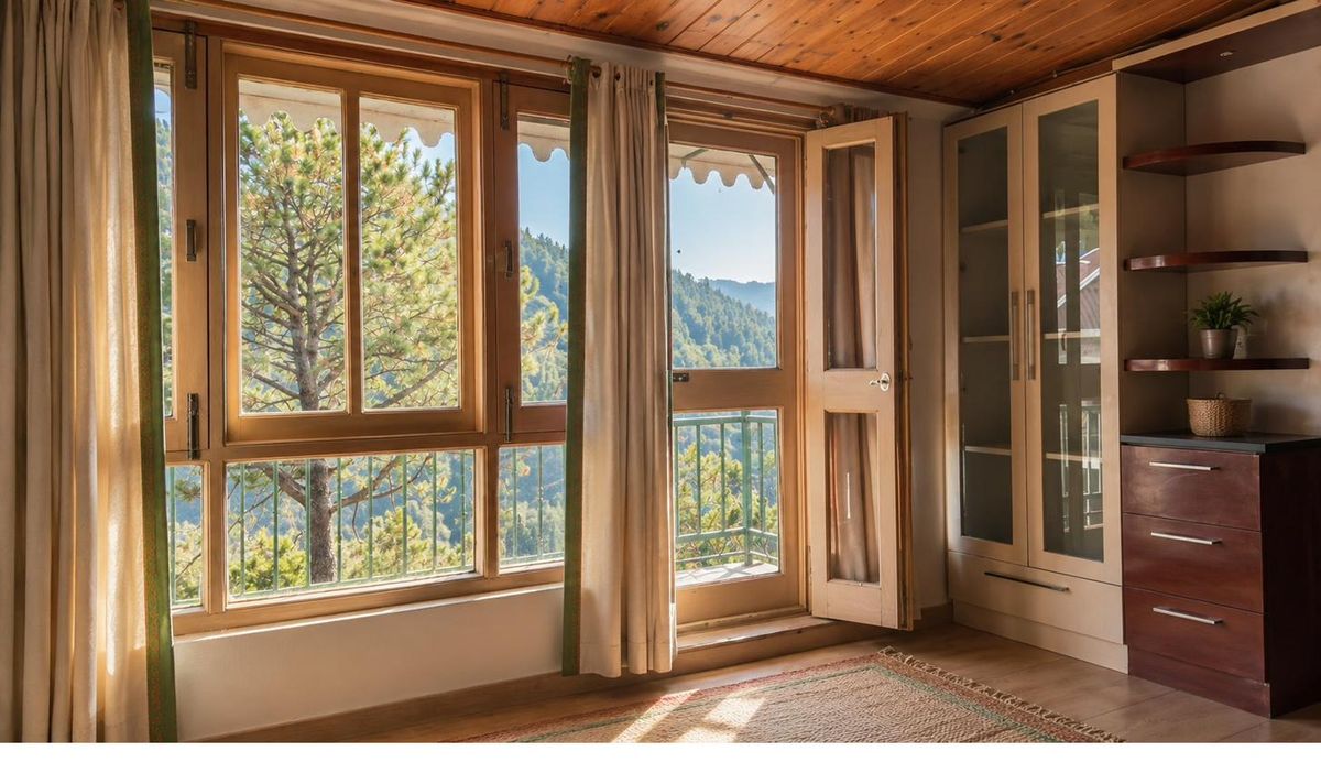 Wooden windows opening onto pine forest and the Shimla hills