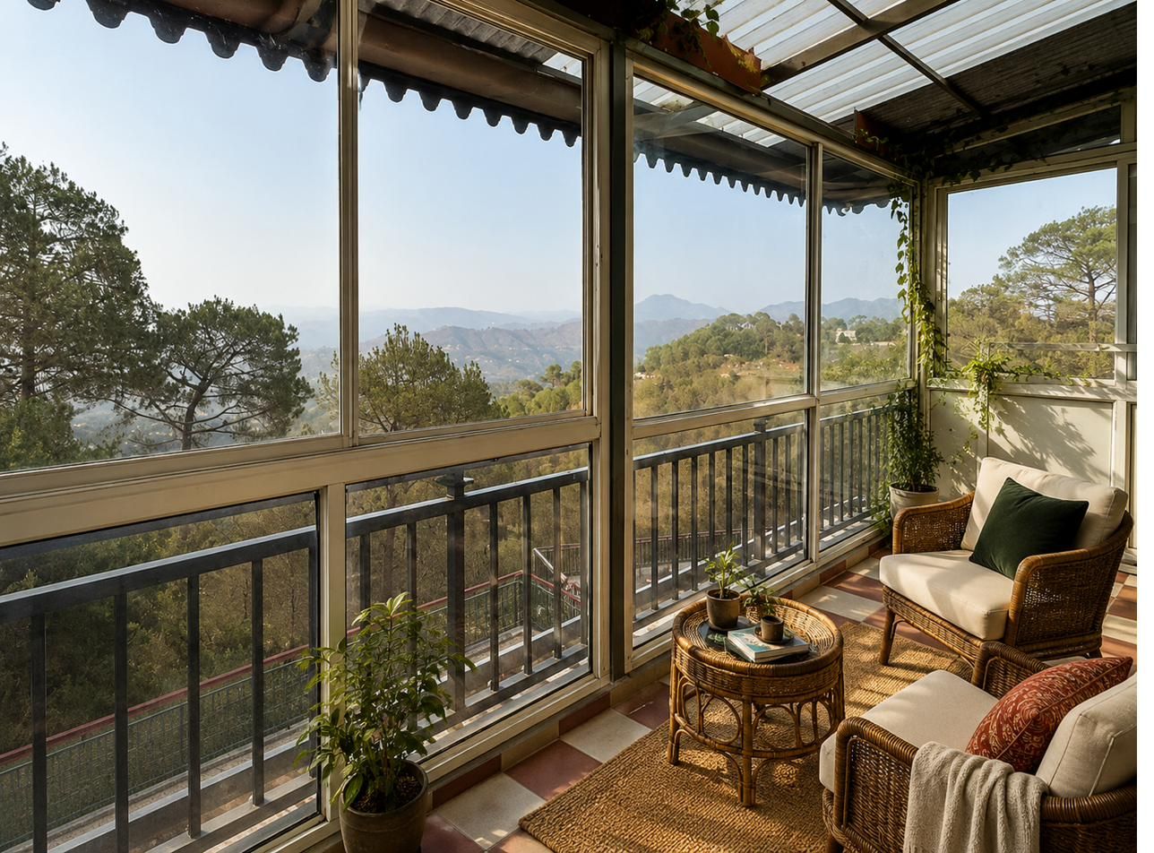 Morning light in the sunroom, looking out at the hills
